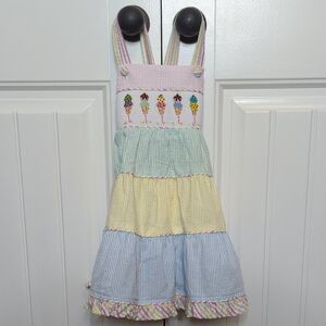 Colorful smocked Striped Sundress with Ice Cream Embroidery